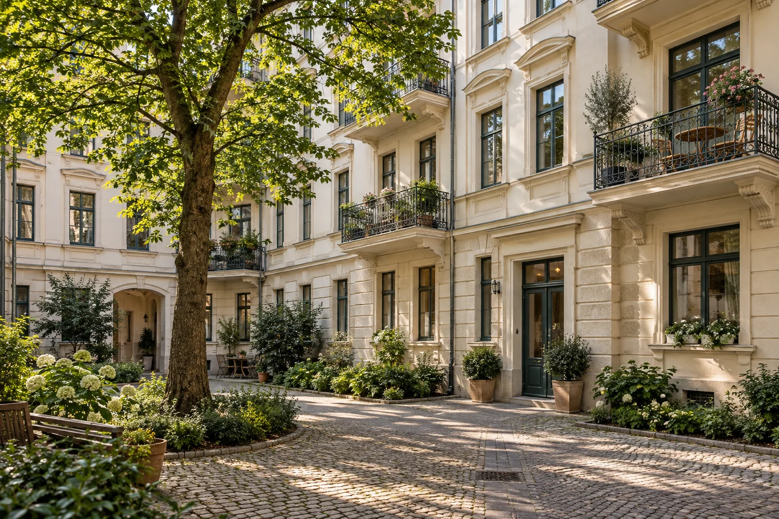 Gepflegtes Mehrfamilienhaus mit begrüntem Innenhof und Balkonen als Wohnimmobilie in Dresden.